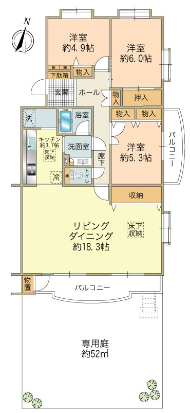 約52㎡の専用庭が有る94.85㎡、新築時の4LDKを3LDKに間取り変更してます。