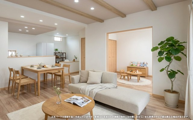 【完成予想図】 | ワイウッドコート鴻巣市屈巣第4期　【平屋】新築住宅 | 【LDK　イメージパース】
※画像は設計図面を基に作成したイメージです。