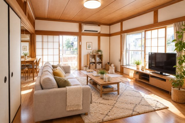 龍ケ崎新町戸建の居間・リビング|家具・家電はAIによるイメージとなります