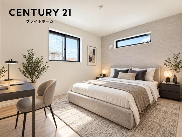 横浜市港南区笹下６丁目の新築一戸建の洋室|窓からの光が嬉しい洋室です。
収納もあり、荷物が多い方にも安心です♪
※家具等はＣＧでの参考レイアウトです。