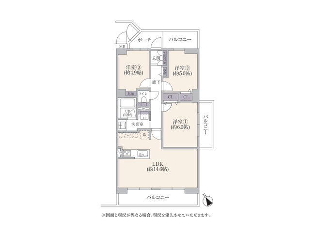 【間取り】 | 藤和相模原ハイタウン | 3つの居室とゆとりあるLDKを備えた3LDKの中古マンション。家族が集まるリビングと個室のバランスがよい間取りです。街並みに映える洗練された外観と、機能美を備えた内装が魅力の住まいです。現地見学も承り