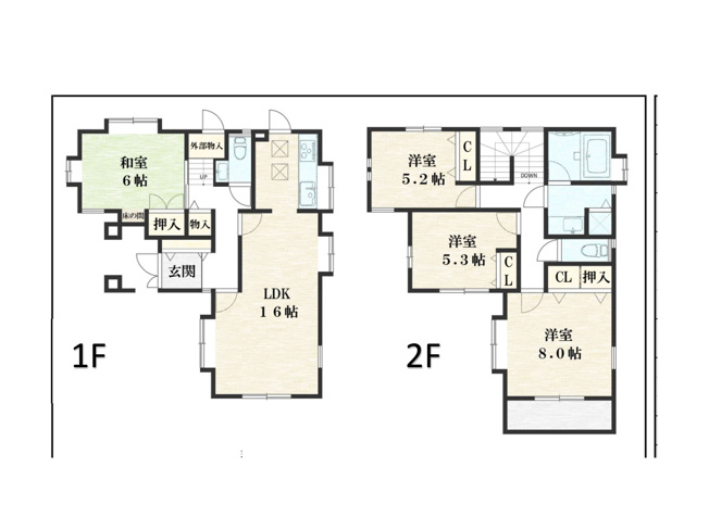 【間取り】 | 御園中古戸建 | 4つの居室とゆとりあるLDKを備えた4LDKの中古戸建。子育て世帯にうれしい、個室と団らんの場がそろう間取りです。明るく開放的なLDKは対面キッチン仕様で、家事をしながらお子様を見守れます。