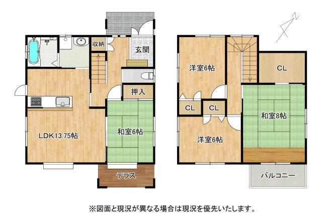 野洲市冨波甲　中古戸建ての間取り|全室6帖以上+各室収納で無駄のない間取り設計。