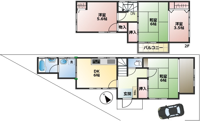 入間市東藤沢3丁目中古戸建の間取り|全室収納付きで使い勝手の良いゆとりの4DK！1階和室は客間や家族の空間に。2階は独立した3部屋があり、3.5帖の洋室は書斎やテレワーク、大型クローゼットとしても活用できる自由度の高い間取りです。