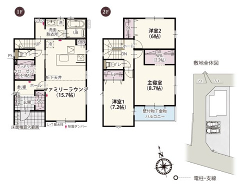 【間取り】 | 全居室二面採光で明るく風通しのいい家。リビングはストレートタイプなのでキッチンからも室内が見渡せる開放感のあるプランです。