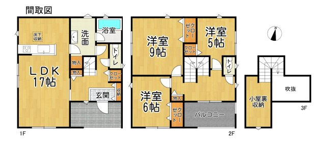 クレイドルガーデン常滑市阿野町第2　1号棟の間取り|○●間取り図●○
小屋裏収納のある3LDK!!全居室に収納でお部屋をスッキリ保てます。広々バルコニーは階段上がってすぐ出入りできる間取で使いやすい♪