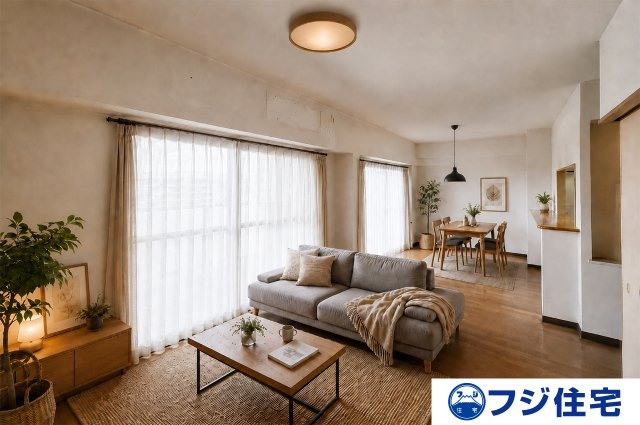 シャルマンフジロイアルクレセント泉大津東雲公園の居間・リビング|※バーチャルステージング画像（AI合成）です。合成された家具等は販売価格に含まれません。