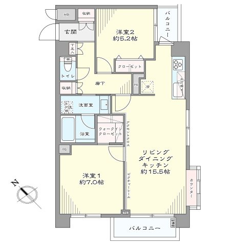 成増グリーンハイツの間取り|2LDK、専有面積64.72㎡、バルコニー面積5.32㎡ 、WIC、2面バルコニー付
LDKは2面採光♪陽当り・風通し良好です