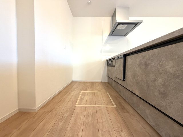 越谷市蒲生東町１６期ケイアイグレイス　新築戸建てのキッチン|背面にゆとりがあり家電も置きやすいキッチンスペース。複数人での調理も快適に行えます。