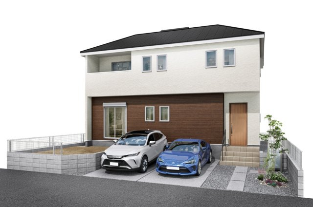 取手市新取手1丁目02期　新築戸建の外観パース|落ち着いた色合いと直線的なフォルムが特徴のデザイン住宅。シンプルながらも高級感のある外観です♪