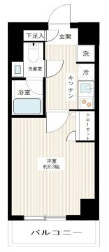 MAXIVマキシヴ北糀谷の間取り|南向きバルコニーの1K洋室8.3帖バストイレ別独立洗面台！