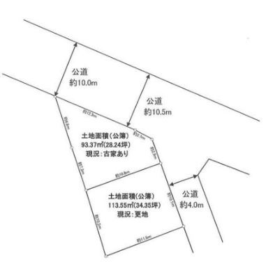 【土地】川越市小堤建築条件無し売地の土地図|2区画にまたがっての建築は開発許可が必要です