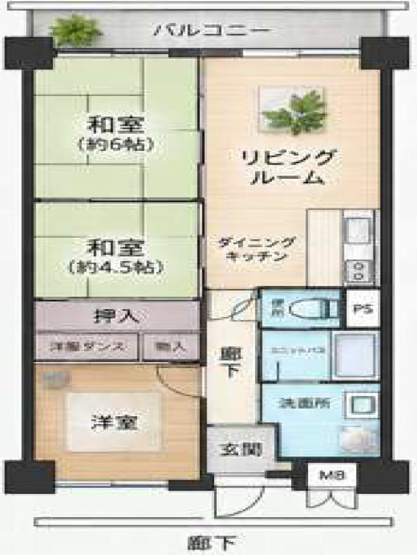 【間取り】 | 鶴川ハイツ | 3LDKは、リビングダイニングキッチンと3つの居室がある間取り。ファミリー層に非常に人気の高い間取りで、広々としたリビングで家族団らんを楽しみ、個室でプライベートな時間も確保できるのが大きな魅力です。