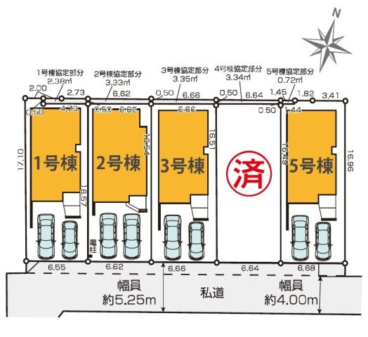 上鷺宮3丁目 全5棟 2号棟の区画図|南側約5.2ｍ道路に面した全5棟
全棟カースペース2台可能
(車種による)