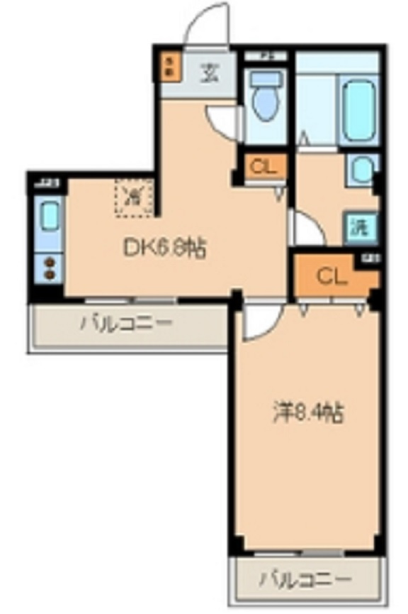 グリーンリーフの間取り|南西角部屋！南向きバルコニーの1DKバストイレ別独立洗面台！
