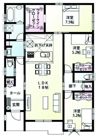 前橋市駒形町「1区画」　（平屋）新築住宅の間取り|収納充実♪南東向きの3LDKで陽当たり良好な間取りです！
土地面積373.08㎡、建物面積90.26㎡で十分な広さです！
