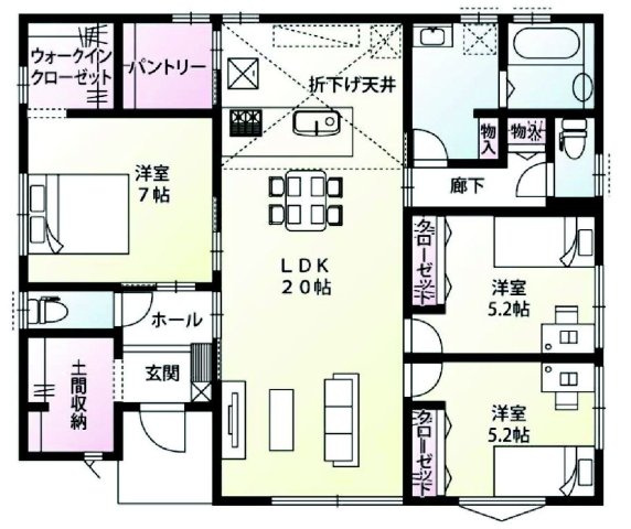 前橋市青柳町　9号棟（平屋）　新築住宅の間取り|収納充実♪南向きの3LDKで陽当たり良好な間取りです！
土地面積207.52㎡、建物面積87.77㎡で十分な広さです！