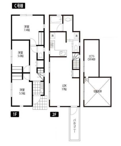 中野区江原町3丁目 全3棟 C号棟の間取り|江原町3丁目全3棟新築戸建て
LDKは勾配天井の開放感あふれる空間
便利なロフトつきです　路地上部分あり