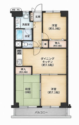 【間取り】 | 読売ランド前ハイデンス | 約7.6帖のダイニングキッチンを中心に、洋室2室と6帖の和室を備えた3DK。各居室に収納を確保し、和室と洋室約7.1帖はバルコニーに面した使い勝手の良い間取りです。