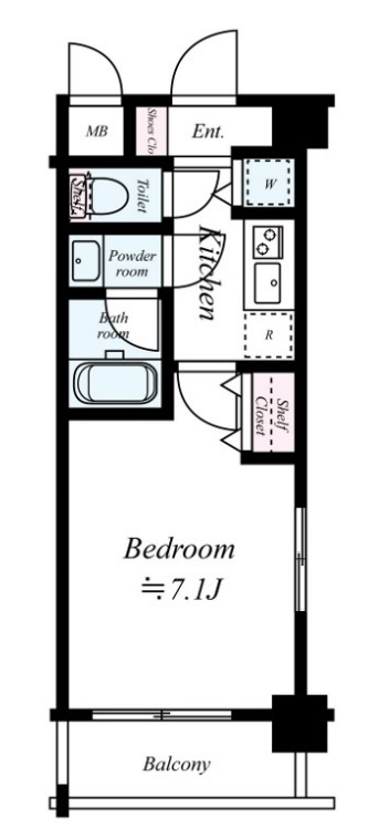 セントパレス大鳥居の間取り|西向きバルコニー南西角部屋の1K洋室7.1帖バストイレ別独立洗面台