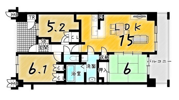 サーパス桂第2の間取り|リビングと隣り合った和室は繋げてお使いいただけます！