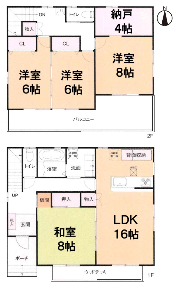 小牧市久保一色南２丁目　中古戸建の間取り|全居室南向き！陽当たり良好！　全室６帖以上！
４帖の納戸あり。ウッドデッキあり。
２階洋室間仕切りを外せば広々１２帖！
