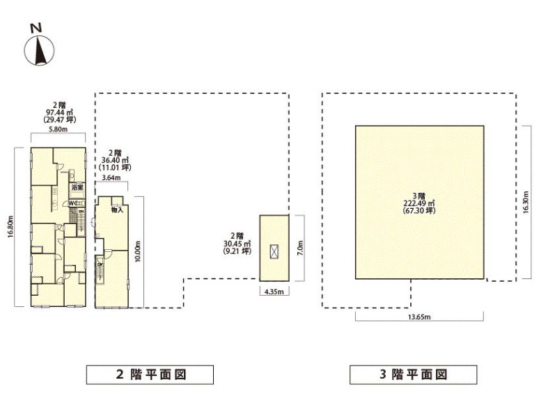 堺市堺区遠里小野町４丁の倉庫の間取り|2階・3階平面図