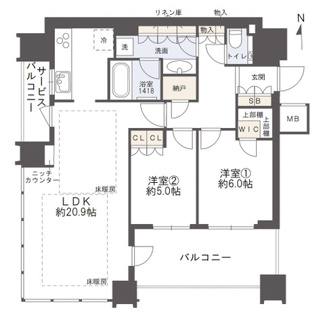 【間取り】 | ザ・ファインタワー大手前 | 【間取り】18階・南西角住戸！すべてのお部屋がバルコニーに面した良物件◎