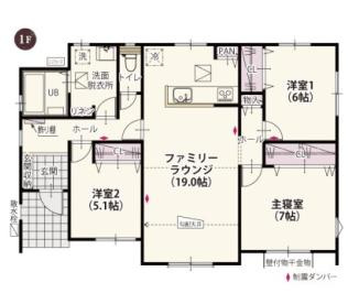 ワイウッドコート加須市下高柳第14期　新築一戸建て　05の間取り|対面キッチンで広々開放的な19帖LDKは家族の集まる空間に♪