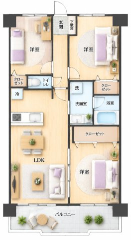 【間取り】 | アンピール板付南☆仲介手数料無料☆ | ※本図に表示されている家具・家電・照明・インテリア・観葉植物等は、AIによる配置イメージです。実際には設置されておらず、売買対象にも含まれません。図面と現況が相違する場合は、現況を優先いたします。