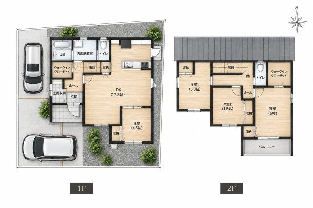 松山市今在家2丁目　新築戸建の間取り|家族のプライベート空間とリビングのゆとりを両立させた4LDKの間取り設計。全居室に収納を配置し、毎日の家事動線と生活しやすさを細部まで追求した無駄のない構造になっています。