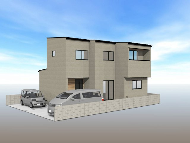 松山市今在家2丁目　新築戸建の外観パース|2027年2月完成予定の建物の全体像を示す外観パース。
平坦な土地形状を活かした落ち着きある2階建てのデザインで、車2台の駐車エリアを考慮した敷地配置が確認できます。