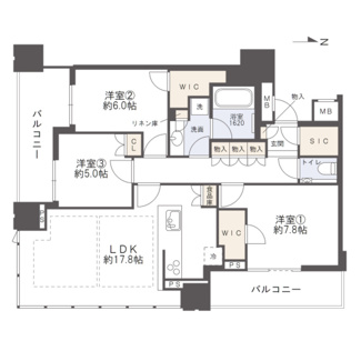 【間取り】 | 梅田ガーデンレジデンス | 【間取り】32階・ゆとりある3LDK＋南東角部屋の開放感◎					