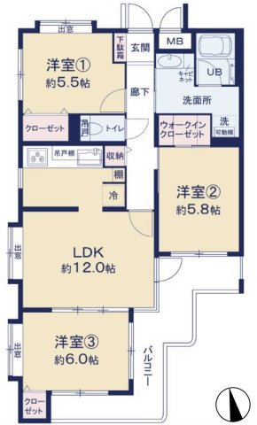 ハイシティ馬橋の間取り|【間取り図】三方角部屋につき風通し良好な70.47㎡の3LDK！各居室に収納を備えた使い勝手の良い間取り。南向きの明るいバルコニーと充実の新規リフォームで、快適な新生活をスムーズにスタートできます。