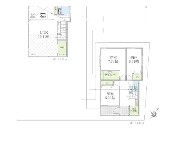 【間取り】 | 相模台新築戸建 | 2つの居室とLDKに納戸（サービスルーム）を加えた2SLDKの新築戸建。収納にも在宅ワークにも活躍します。都会的でスタイリッシュな外観と、洗練された内装が印象的な住まいです。ぜひ現地でご覧ください。
