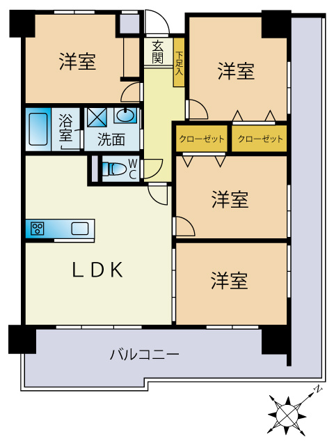 箱崎エクセル南22の間取り|4LDK、価格2799万円、専有面積79.54㎡、バルコニー面積26.86㎡ 