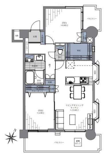 【間取り】 | シティマンション大名 | 角部屋で採光面が多く明るい室内です。プライバシーを保てる2LDKの間取りです