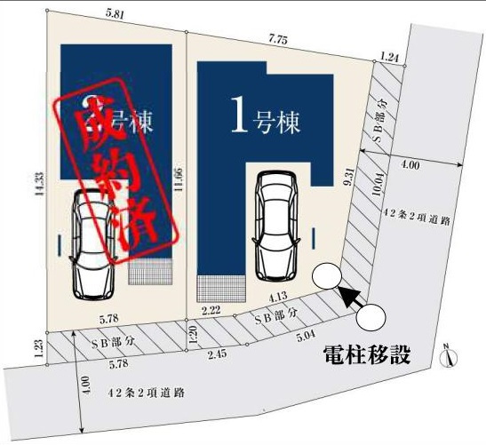 川崎市中原区小杉陣屋町1丁目 全2棟 1号棟の区画図|土地面積72.86㎡ 
前面道路南側約4.0ｍ公道×南東側約4.0ｍ公道に面する開放感ある角地