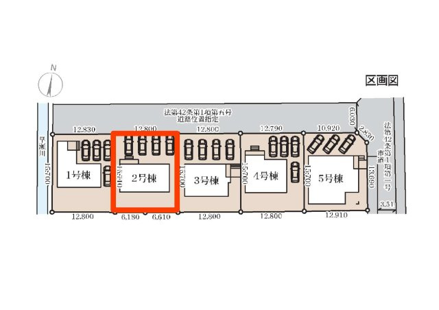 新築　高崎市箕郷町上芝第４　Livele Garden.S　2号棟の区画図|2号棟　区画図　北側接道幅員約6ｍ
