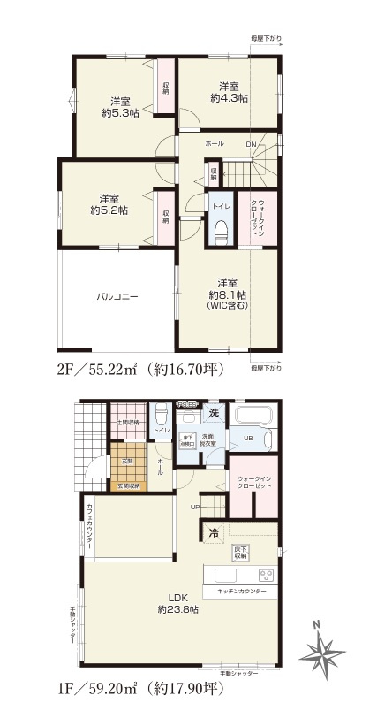 TERRACE　水戸市元吉田町　7期 　1の間取り|　
☆広々LDKはカフェカウンター付きで明るく開放的。家族の気配が感じられて安心できるリビング階段。２階4.3帖洋室は納戸にも◎季節物のお布団や家電製品がスッキリ片付きます。