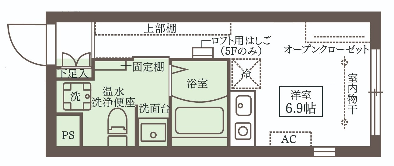 COCOCUBE武蔵新田の間取り|北東向き角部屋の1R
