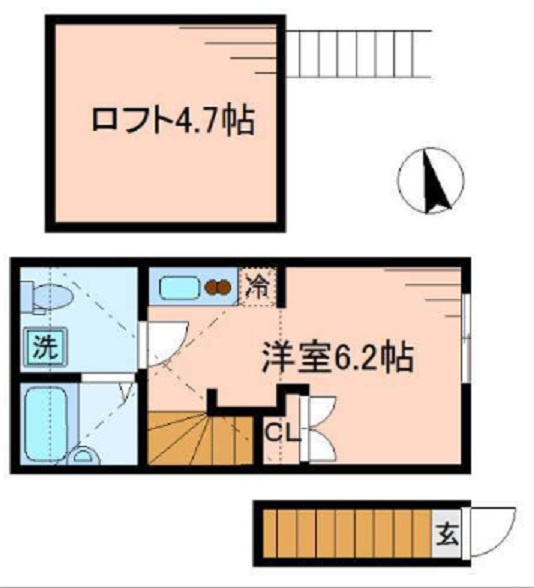 ポモドーロ蒲田の間取り|バストイレ別洋室5.7帖にロフト3.8帖