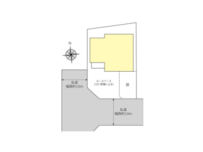 【土地図】 | 大谷町中古戸建 | 図面の数字は敷地の各辺の長さ（m）、太線は接道部分です。建物の位置や駐車スペース、庭の広さの目安がわかります。境界標や増改築の有無は現地と資料でご確認いただけます。※現況と異なる場合は現況優先。
