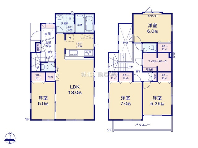 練馬区上石神井1丁目 全2棟 1号棟の間取り|建物面積104.15㎡ 2階建て大型4LDK
家族でお使いいただけるファミリークロークなど収納も豊富な間取りです