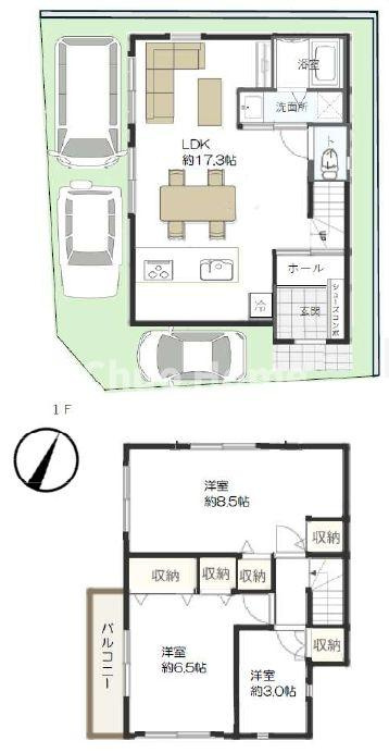 江戸川区江戸川2丁目中古住宅の間取り|南東×南西・角地につきまして日当たり・通風良好。3LDK＋カースペース3台。