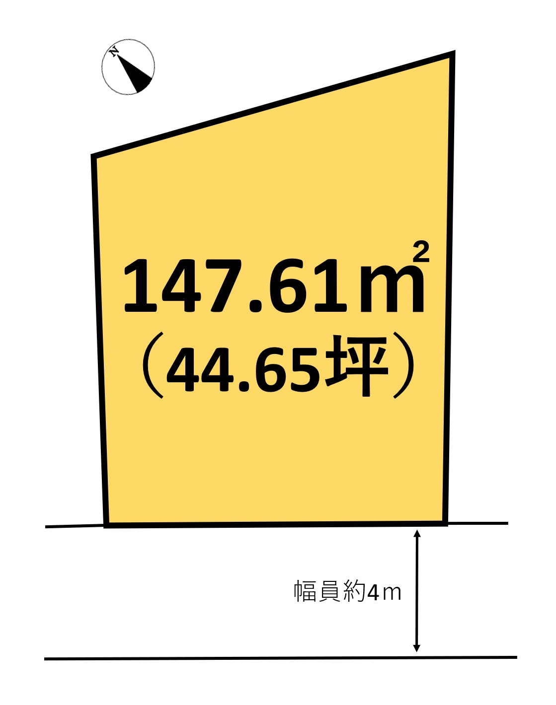 徒歩10分圏内にすべてが揃い利便性の良い古家付き土地の土地図|南西道路の約44坪の敷地