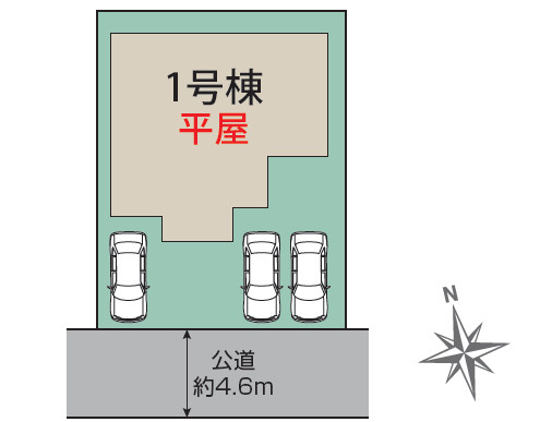 新築戸建　高崎市沖町の区画図|ワンフロアで生活が完結する人気の平屋！敷地内に車3台駐車可能なゆとりある区画です。