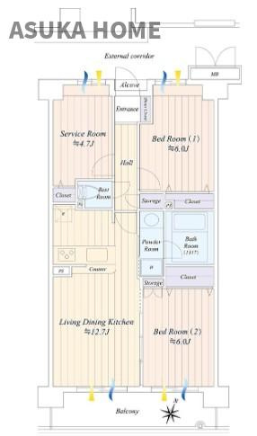ベイサイトコート横浜の間取り|南向き・8階部分の明るいお部屋は、専有面積62.1㎡超えの使い勝手の良い２LDK＋Sの間取りです。