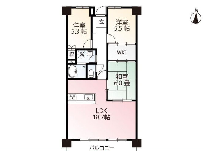 「生活に便利な住環境」高知市鴨部　アーネスト能茶山　中古マンションの間取り|収納力とプライベート空間の充実も魅力の3LDKです♪
