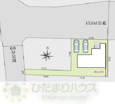 流山市東深井13期　新築戸建　1号棟の区画図|接道：北側15.5ｍ公道・西側6.0公道
